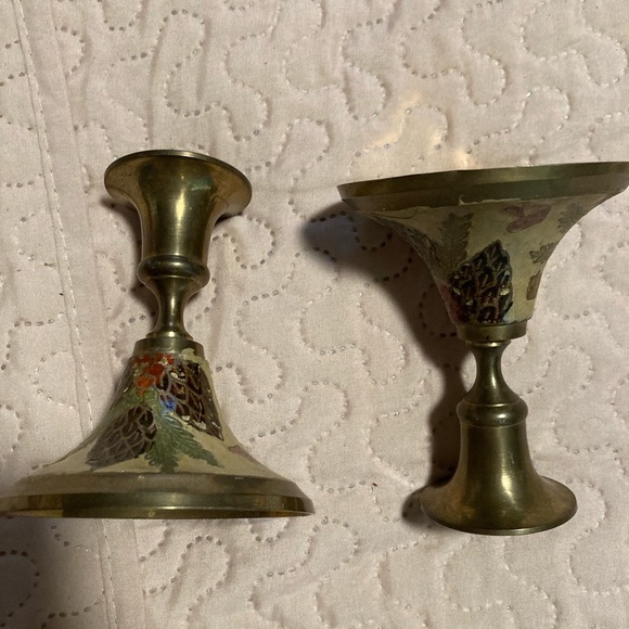 Vintage Christmas Scene Cloisonné Enamel Christmas Brass Candle Holders Set - Picture 1 of 4